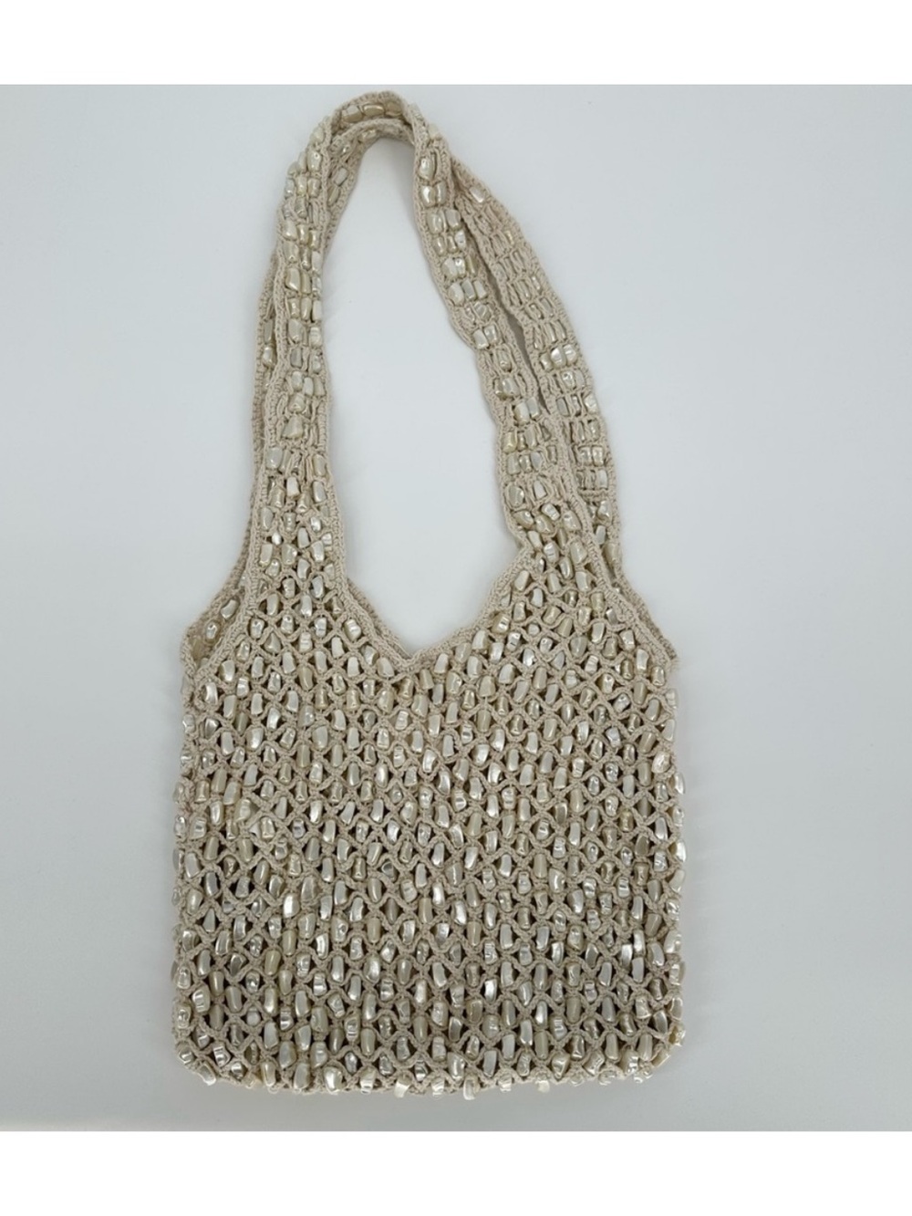ZARA Pearl Beaded MacrameKnit woven crochet Tote Bag Hobo -Ivory cream - Picture 8 of 10